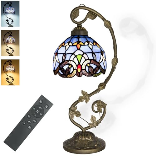 JHuiLap Tiffany Stained Glass Lamp with Remote Control, Stepless Dimming & 3 Color Temperature Adjustment, 8 Inch Metal Leaf Base Included LED Bulb for Bedroom Living Room(Purple Baroque)