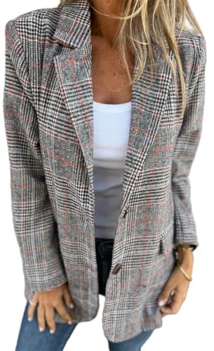 IDEALSANXUN Damen Tweed-Blazer, lässig, kariert, Hahnentritt-Blazer, Arbeitsanzug, Jacken, Braun, XXL