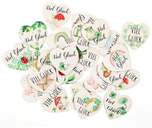 Otuuz 24 Holz Glückstaler Viel Glück Glücksbringer Sprüche in Herz Form Mutmacher Geschenk Motivationsgeschenk zur Belohnung Holz Streudeko Tischdeko für Schule Prüfung Kollegen Freund(Glücklich)