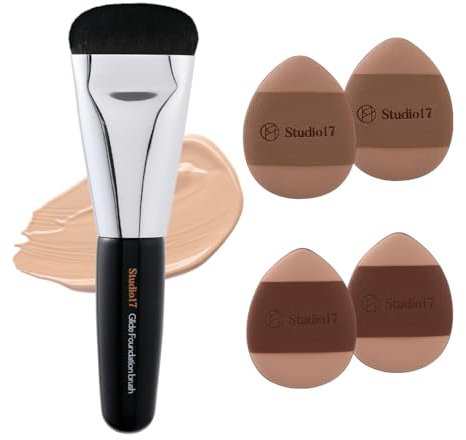Studio17 Ensemble de pinceaux plats pour fond de teint et petite houppette | Petit pinceau de maquillage avec 4 mini houppettes | Kit pour fond de teint liquide pour fond de teint | Poils micro