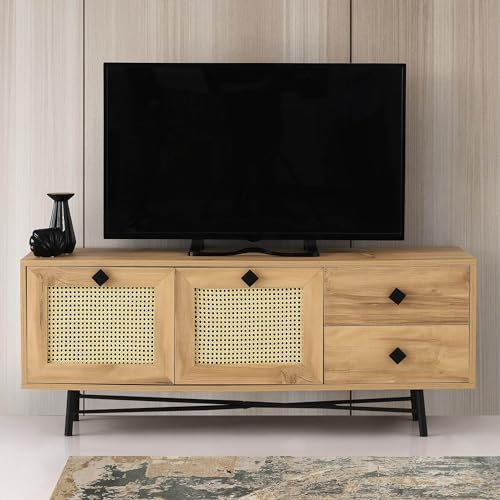 Hanah Home Stylish TV Stand with 2 Drawers & Shelves, Oak & Black, 140 x 60 x 40 cm | 100% Melamine Coated, 18 mm Thick | Bohemian, Industrial, Rustic Design