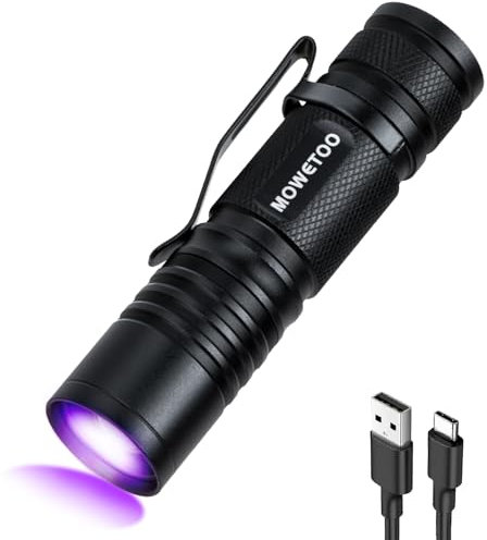 MOWETOO UV Taschenlampe Aufladbar - Mini LED UV Lampe Schwarzlicht Taschenlampe, 395nm Zoombare Ultraviolettes Licht Torch für Urinuntersuchung von Haustieren, Geldscheinkontrolle
