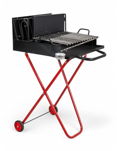 Barbecue a Legna Portatile con Griglia in Acciaio Inox, Ripiano Recupera Grassi, Pieghevole con Ruote, Made in Italy, Con tira braci e bicchiere raccogli olio OMAGGIO (Media)