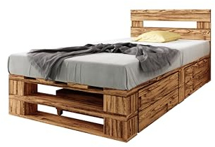 Lermowood Palettenbett M2 aus Holz 120 x 200 cm Geflammt mit Kopfteil und 2 Bettkästen Holzbett 40cm Stabiles Seniorenbett Kinderbett Jugendbett Gästebett erhöhtes Bettgestell Komforthöhe Naturholz