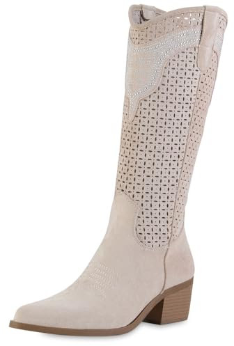 VAN HILL Damen Cowboystiefel Trichterabsatz Nieten Trendy Schuhe 216868 Beige Velours 39