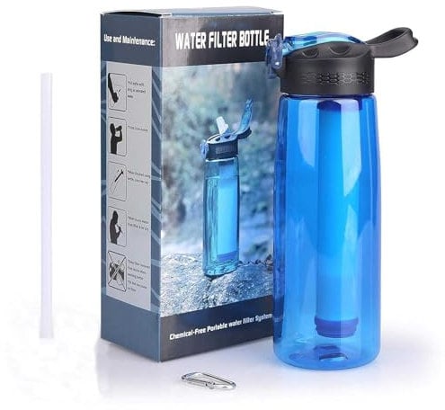 Gourde avec paille filtrante intégrée 650ml, filtre 99,99% des bactéries, capacité de filtration de 1500L pour sport, voyage, trek, randonnée, quotidien.. Distribuée par une société Française. (bleu)