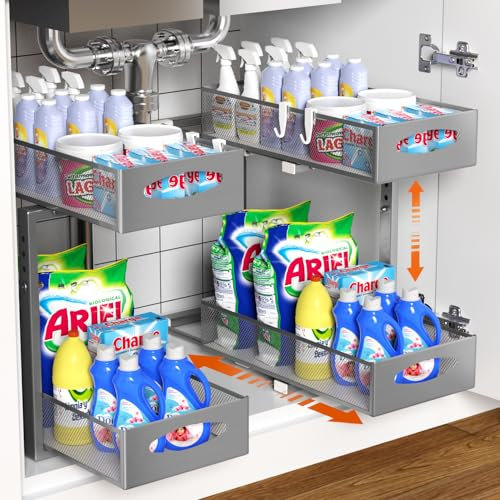 Housolution Organizador Bajo Fregadero de Metal, 2 Niveles Estanteria Bajo Fregadero Extraible con Altura Ajustable, Estante de Almacenamiento Bajo Fregadero para Cocina, 2 Pieza, Gris