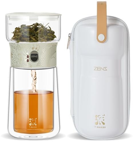 ZENS Cool Glass Teapot with Infuser, Smart One Touch Tea Maker Tea Pot Infusers for Loose Tea with Insulated Cup and Portable Carry Case for Hot Tea Diffusers, Tea Lover Gifts