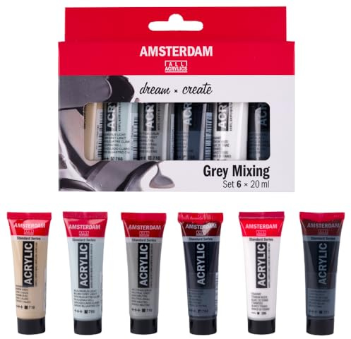 Set de Peinture Acrylique Standard Series Nuances de Gris, 6 x 20 ml, pigments de haute qualité, couleurs polyvalentes, résistantes à la lumière, formule durable, équilibre parfait des gris.