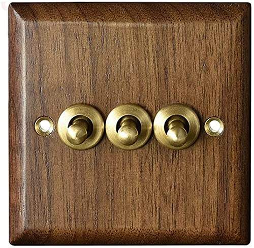 Toggle Light Switch, Wall Socket, Solid Wood Brass Plate, Antique Home Stay Switch Double Control Switch(3 Gang)