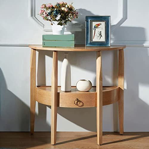 Mid-Century - Mesa consola moderna de media luna con cajón, mesa de centro de madera maciza para apartamentos pequeños, sofá o armario auxiliar