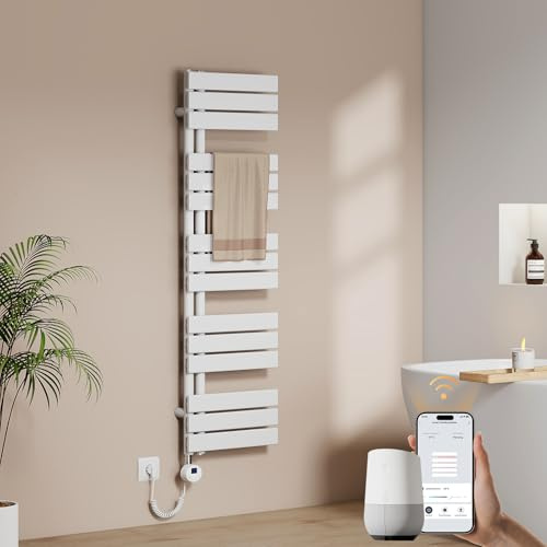 EMKE WiFi Handtuchheizkörper Elektrisch 1320x400 mm - Flach Badheizkörper Elektrisch, Elektrischer Handtuchwärmer Handtuchtrockner Handtuch Heizkörper Bad mit Thermostat und Heizstab - 600W, Weiß