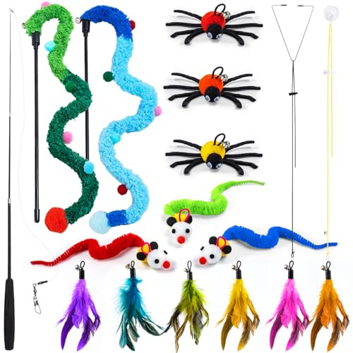BOW CALICO Cat Wand Toy, Cat Feather Toys with 12 Refills, 2 Types Door Hanging String Toys, 1PCS Retractable Cats Wand, 2PCS CatsTeasers for Teaser Play and Chase Exercise