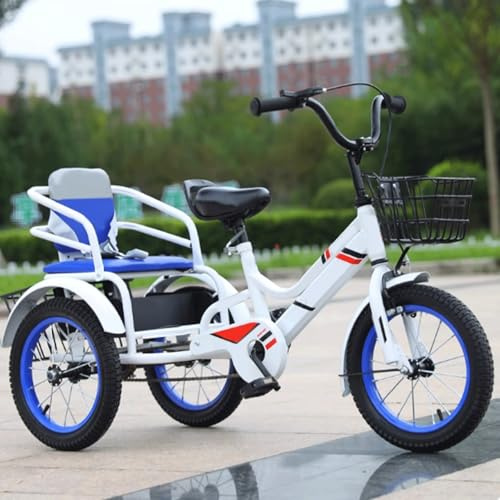 2-12 Jahre Alt, Zwei-Personen-Dreirad, Höhenverstellbares Kinderfahrrad Mit Rahmen Aus Karbonstahl Und Bequemem Sitz(Blue,16inch)