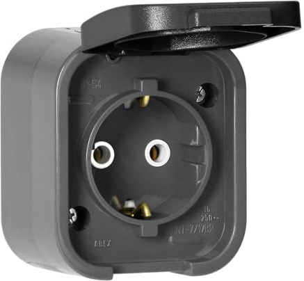 Miratic Aufputz Steckdose Typ F Schuko IP54 16A - Einzelne Feuchtraum Steckdose Aufputz Spritzwassergeschützt Mit Klappe Für Garagen Werkstätten Industrieanlagen (Grau-schwarz)