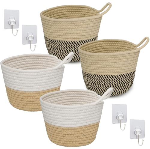 4er Baumwoll Hängekorb, Wandkorb Bad Aufbewahrungskorb mit Griff und Haken | 15×15×16cm Geflochten Baumwollkorb für Schlafzimmer Küche Badezimmer, Hängeorganizer Korb für Snacks Obst Pflanzen Blume