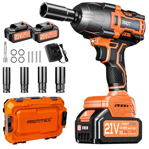 Protmex Clé à Chocs Sans Fil Brushless, Couple Maximal 1200 Nm, 1/2 avec Deux Batteries 4,0 Ah, Clé à Chocs Électrique 21V pour Voiture Familiale/Camionnette/Tondeuse