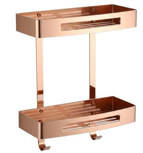 Uanqfegy Stainless Steel Adhesive Bathroom Corner Shelf No-Drill – Double-Tier Shower Caddy Wall Shelf for Bathroom with Hooks (Rose Gold)