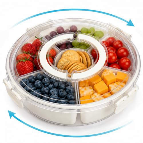 CHUNGG Snack Box, Round Rotating Snack Tray with 6 Compartments, Portable Travel Snackle Box with Handle for Picnic, Camping & Plane Journeys (White, 25cm)
