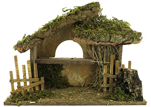 Ferrari & Arrighetti Capanna Vuota per Presepe, con Steccati e Paglia, per Statuine da 10 Centimetri Non Incluse, Legno, 36x16x27 Centimetri