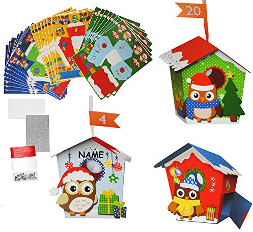 alles-meine.de GmbH XL BASTELSET Weihnachtskalender - 24 Vogelhäuser mit Eulen/Eule zum Aufhängen incl. Namen - selber Basteln - für Erwachsene/Kinder/Mädchen Jungen - Hins..
