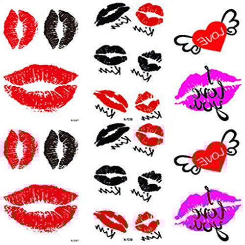Yesallwas 6 Sheet cute Temporary Tattoo Sticker Fake Tattoos for Women Girls Models,Waterproof Long Lasting Body Art Makeup red lip temporary tattoos - Sexy Kiss Lip Red Black purple cute word love