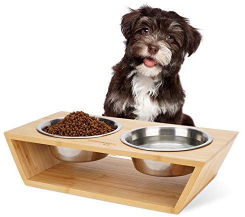 WANTRYAPET Elevated Dog Bowl Holder, 3 Inches with 2 Stainless Steel Bowls, Bamboo Raised Food and Water Stand Pet Feeder with Steady Base, Perfect for Small Dogs & Cats