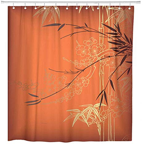 JOOCAR Design Shower Curtain, Orange Oriental Abstract Bamboo Chinese Flower Gold Tree Asia, Waterproof Cloth Fabric Bathroom Decor Set with Hooks