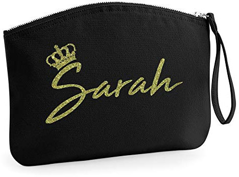 Personalisiert Name Initialen Kosmetiktasche Damen Schminktasche Handtasche Zubehör Taschen - Schwarz - L (28 x 22 cm) - Gold Glitzer Königinnen Krone