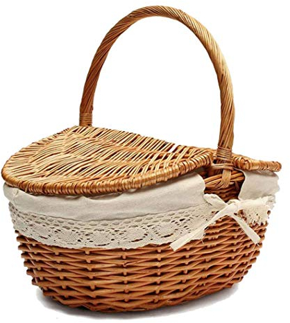 Vaorwne Handgemachte Weiden Korb mit Griff, Wicker Camping Picknick Korb mit Doppel Deckel, Einkaufskorb Korb mit Stoff Bezug