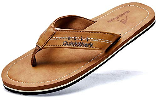 Quickshark Mens Flip Flops Leather Sandals Lightweight Beach Slippers Arch Support AKhaki Size 11
