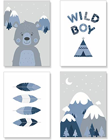 PREMYO Bilder Kinderzimmer Deko Jungen - Tipi Zelt Poster Set Babyzimmer - Wandbilder Schlafzimmer Bär Wildnis Blau A4