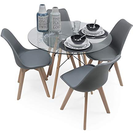 Homely - Conjunto de Comedor Tower 100 Day Cristal Mesa de Cristal Redonda de 100 cm y 4 sillas Day (Gris Oscuro)