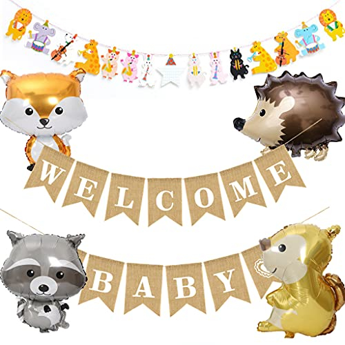 Willkommen Baby Girlande Rustikale Sackleinen Woodland welcome Baby Girlande banner und 1 set Wald Kreaturen Banner,4 pcs Waldtierballons Animals Luftballons Baby Shower Woodland Party Deko(CH)