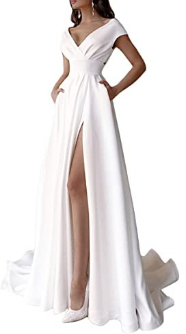 Onsoyours Robe de mariée Femme Élégant Dentelle Col V Dos Nu sans Manches Robes Longue de Nuptiale Soirée Princesse Demoiselle d'honneur Blanc 07 S
