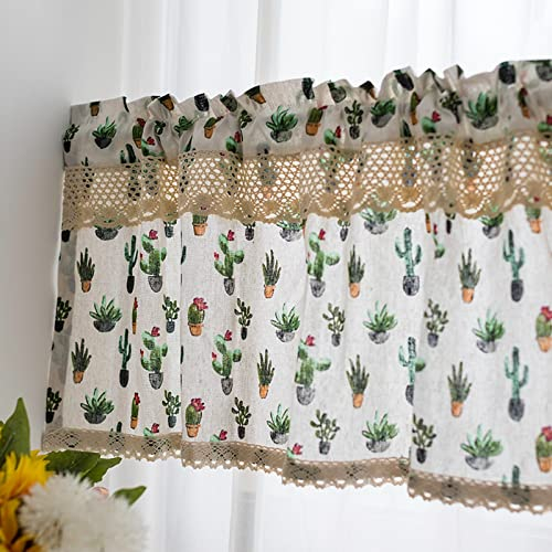 A.Monamour Gardine Scheibengardinen Kurzstores Kaktus Bedrucktes Botanisches Baumwollleinen mit Gehäkelter Spitze Kurzgardinen Küchengardine Küche Fenster Kurz Vorhang Stores Bistrogardine
