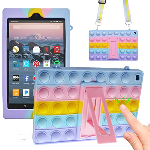 iZi Way Pop It Tablet Case for Amazon Fire HD 10 10.1 Kids (9th & 7th Generation, 2019 / 2017 Release) , Fidget Toy Popit Poppet Push Bubble Wrap Cute Silicone Cover Stand Lanyard - Rainbow