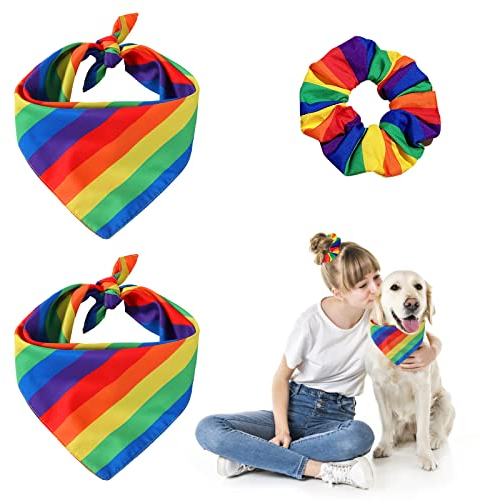 HACRAHO Haustierhalstuch und passendes Haargummi, 3 Stück, Baumwolle, Regenbogen-Haustier-Halstuch mit Haargummi, bunter Hundeschal und Regenbogen-Haargummi für Hunde, Katzen und Stolzmonat