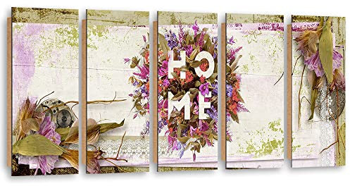 Feeby Modernes Bild 100x40 cm Rustikal Blätter Blumen Home Schriftzug 5 Paneele Design Deko Wand Aesthetic Natur Rustikal Retro Vintage Grün