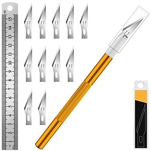 Artcut 1 Pz Coltello Artigianale Coltello Hobby Coltello Exacto con 11 Pz Kit Lame in Acciaio Inossidabile, 1 Pz Acciaio 15 CM Righello per Arte, Scrapbooking, Stencil (Oro)