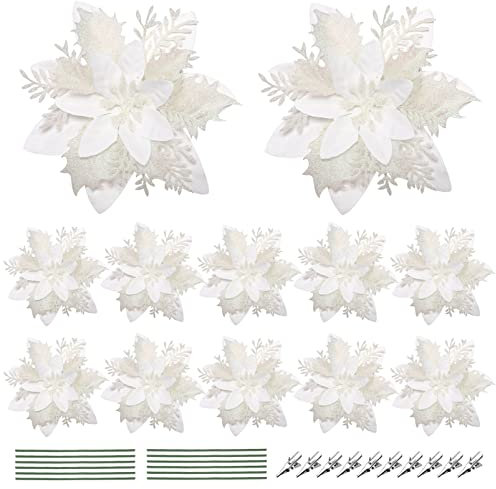 Toddmomy 12pcs White Poinsettia Artificial Flowers, Christmas Glitter Poinsettia Flowers Christmas Tree Floral Decorations with Clips and Stems for Xmas Wedding Party Wreath