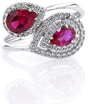 Damen-Ring aus Weißgold mit Zirkonia und synthetischem Rubin, Weißgold