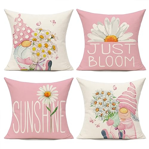 All Smiles Zierkissenbezüge für den Außenbereich, Frühling, Sommer, Heimdekoration, Dekoration für Terrasse, Couch, Stuhl, Sofa, Gänseblümchen, Blumenzwerge, 50,8 x 50,8 cm, Rosa, 4 Stück