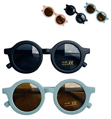 Kids Sunglasses, 2 Pieces Round Retro Style for Boys and Girls and Baby Age 1-8, UV 400 (Blue & Black)
