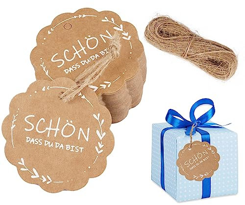 100 Stück Schön Das Du Da Bist Geschenkanhänger, Etiketten Zum Beschriften mit 20M Schnur, Schön Dass Du Da Bist Anhänger, Geschenkanhänger Kraftpapier fur Gastgeschenke Hochzeit Geburtstag - Rund