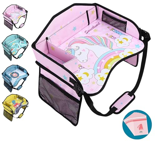 Amoilly Vassoio da viaggio per bambini per seggiolino auto per bambini, vassoio da viaggio per auto, aereo, vassoi per auto per bambini, accessori essenziali per viaggi su strada, con 15 sacchetti