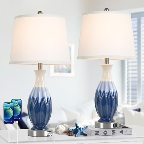 28” Tall Table Lamps Set of 2, Ceramic Bedside Lamps with USB Ports, Navy Blue Lamps for Nightstand, Coastal Lamp with White Fabric Shade, Table Lamp for Living Room, Large Bedroom Lamps for End Table