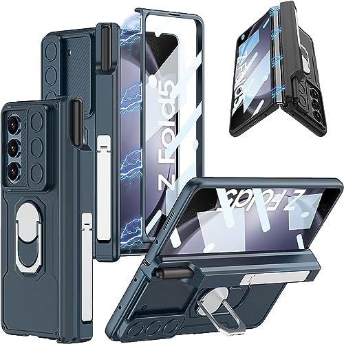 Miimall Custodia per Samsung Z Fold 5 con Porta Penna, Pellicola HD, Cerniera Magnetica, Copertura Antiurto PC, Cavalletto Regolabile, Cover di Protezione Lente Scorrevole per Samsung Fold 5, Verde