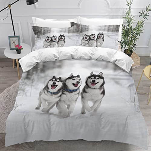 AKATIE Housse de Couette 140x200 Enfant Husky Sibérien Parure de Lit 1 Personne Microfibre Housse de Couette Animaux Chien 3D Imprimé Literie Set 3 Pièces avec Fermeture Éclair