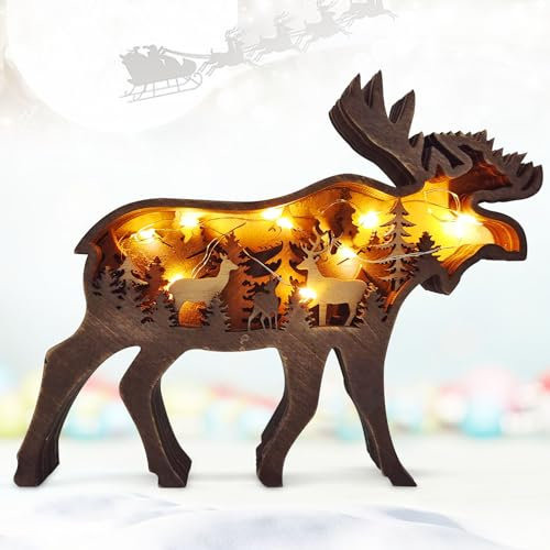 FGen 3D Wald Tier Holz Handwerk,Elch Dekoration Handwerk Geschenk,Weihnachtsholzschmuck|,Waldtiere mit LED Light,Weihnachten Wandbehang Deko,Heimdekoration,DIY Basteln für Home Office Dekoration